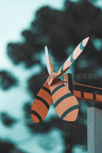 橙绿条纹木制蜻蜓风车特写