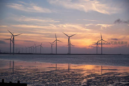 海上风车剪影，霞光水影共辉煌