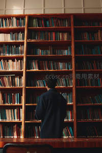 图书馆内背影沉思，高耸书架如知识的森林