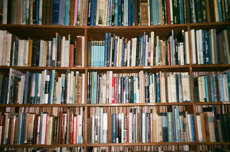 整齐排列的木质书架展示海量藏书