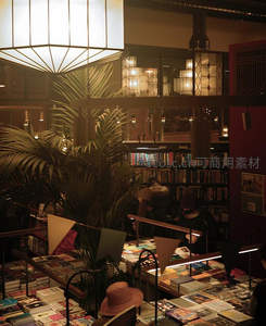 暖光下的复古书店，绿植与书海交织的静谧角落