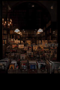 昏暗书店橱窗，巴黎主题书籍与吊灯