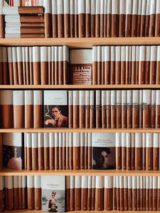 整齐排列的棕白封面书籍构成艺术书墙