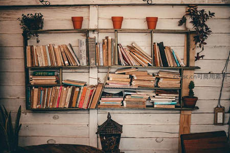 复古木架堆满旧书，绿植点缀文艺角落