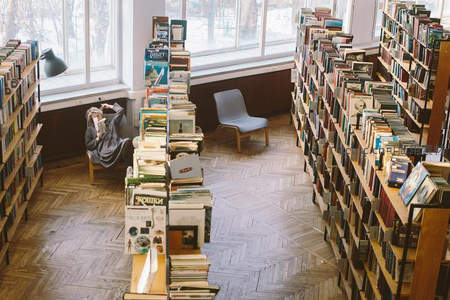 读者沉浸书海，窗边座椅与书堆构成温馨画面