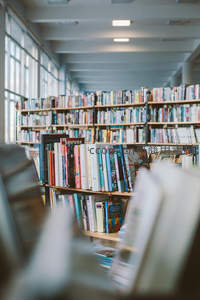 长廊书架延伸至远方，营造知识无垠的视觉感