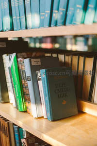 木质书架上的蓝色经典书籍特写