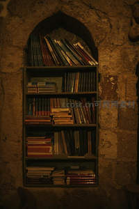 石墙拱龛内的复古书架角落