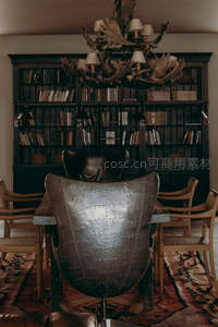 复古皮椅配鹿角吊灯，书房典雅庄重