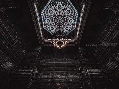 仰望图书馆天窗，华丽吊灯照亮浩瀚书海