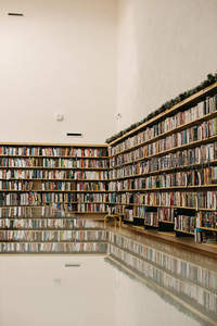 镜面地板映照书海的现代图书馆