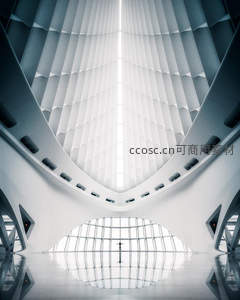 现代建筑内部，白色结构如羽翼展开