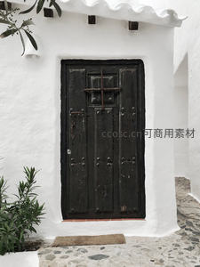 古朴黑木门嵌于纯白墙，绿植点缀显宁静