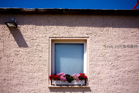 阳光下的米色外墙与缤纷窗台花