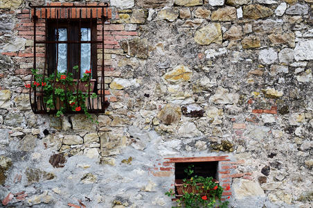 石墙老屋的铁窗与盛开红花