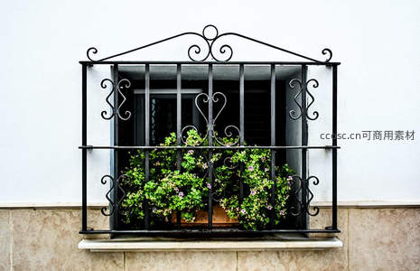 铁艺窗栏与绿植盆栽的静谧角落