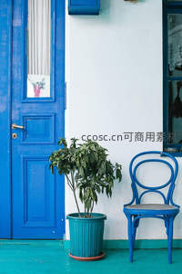 蓝门旁的绿植与复古椅子静物组合