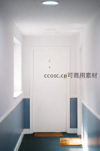 简约白色房门走廊，蓝色墙裙与地毯相映成趣