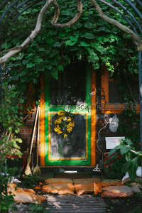 绿藤缠绕的田园小屋门扉