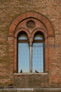 红砖拱窗上的鸽子与古典建筑细节