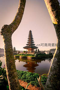 树隙观塔，湖光倒影静谧如画