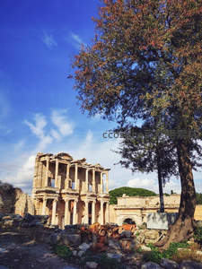 古罗马图书馆遗址在蓝天绿树间矗立