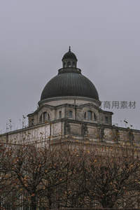 灰雾中古典穹顶建筑，枯枝掩映显肃穆庄严