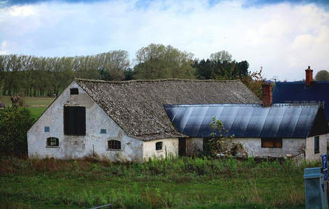 乡间老屋静立田野，屋顶斑驳见证岁月