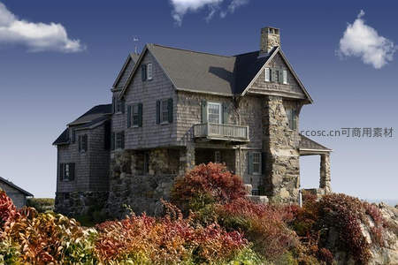 石砌木屋矗立悬崖，秋色斑斓映蓝天