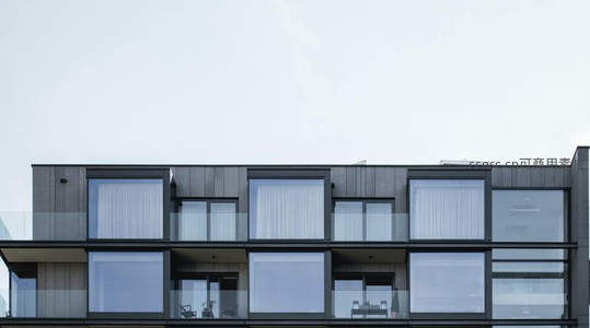 现代公寓楼立面特写，玻璃幕墙与金属框架的极简美学