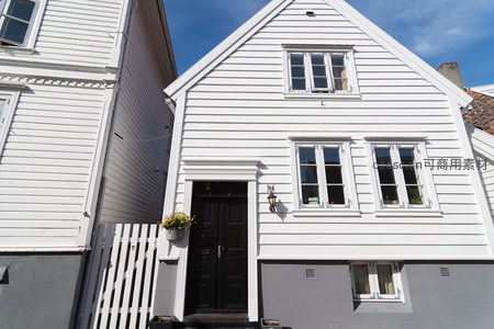 白色木屋门前的黄色花朵在阳光下绽放