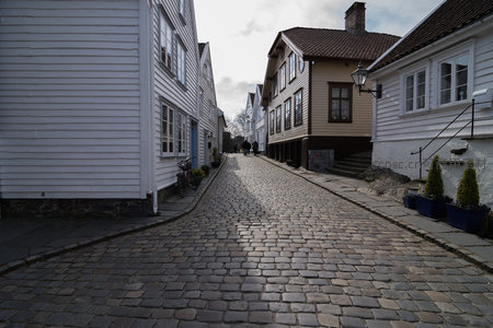 鹅卵石铺就的古老街道，两旁是传统木屋
