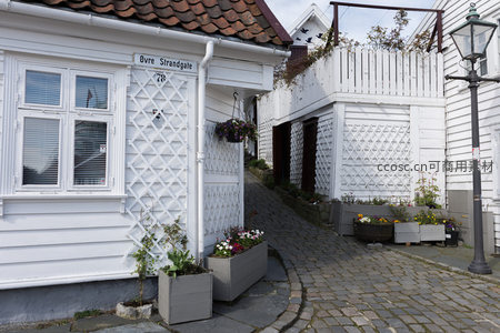 白色木屋与石板小巷的宁静街景