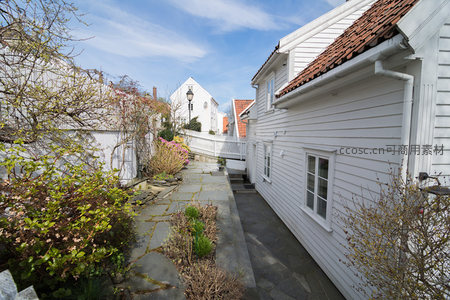 石径小巷通幽处，白墙花丛伴晴空