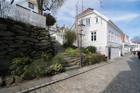 石阶小径旁的白色木屋与花园