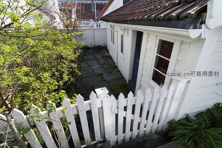 俯瞰白篱围合庭院绿植葱郁生机