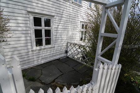 阳光洒落的白色木屋庭院一角