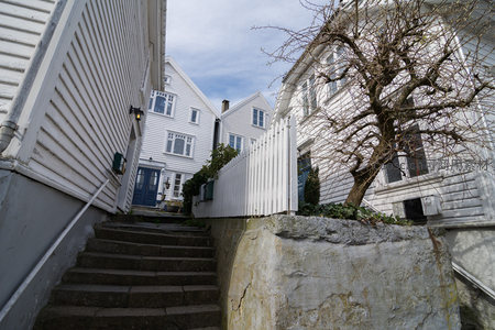 蜿蜒石阶通向白墙蓝门的住宅区