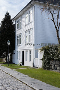 草坪前的三层白色木结构住宅