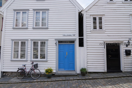 蓝门白屋前单车相伴绿植点缀