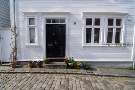 白墙黑门小屋前的春日盆栽