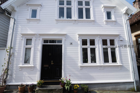 阳光下的白色木屋与门前花圃