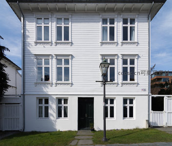 白色木屋前的古典路灯与绿门