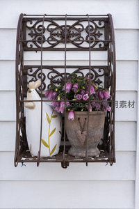 复古铁艺花架上的紫铃花与陶瓷装饰