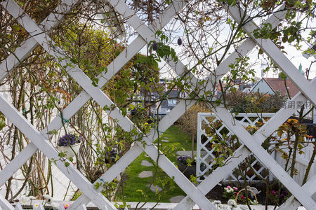 白色格栅花园，绿植缠绕，远处屋顶隐约可见