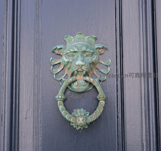 古铜色狮子头门环装饰深色木门