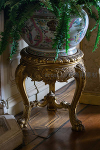 彩绘瓷盆绿植置于雕花镀金底座