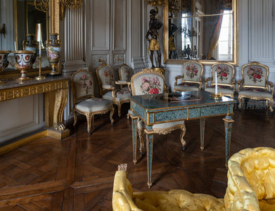法式沙龙厅内金边座椅与绿纹桌面