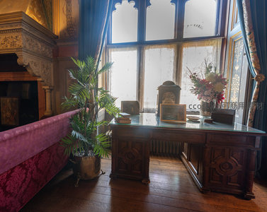 古典书桌旁绿植与阳光洒落窗台