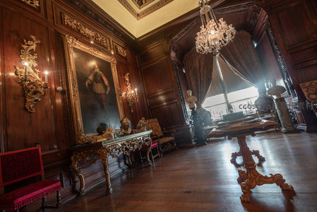 木质镶金画廊厅，巨幅肖像与水晶灯辉映